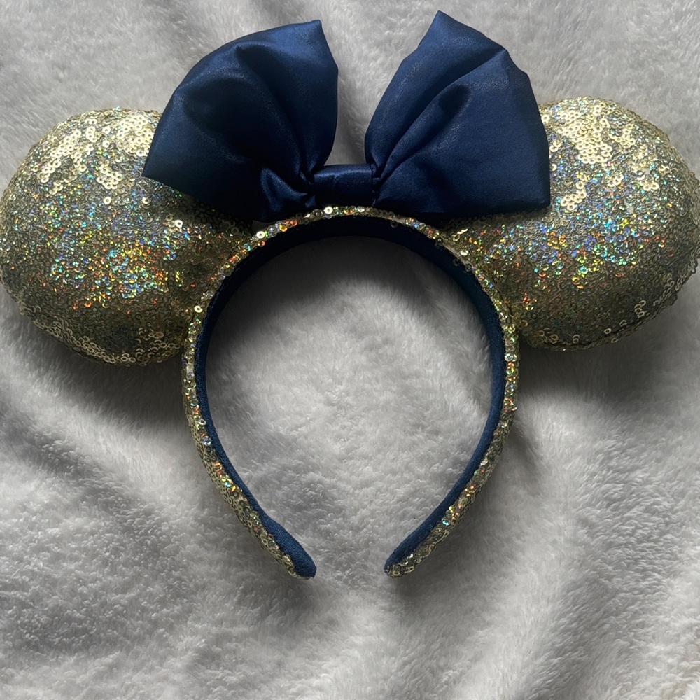 Sequin Disney 50th Mouse Ears Headband with Blue Bow
